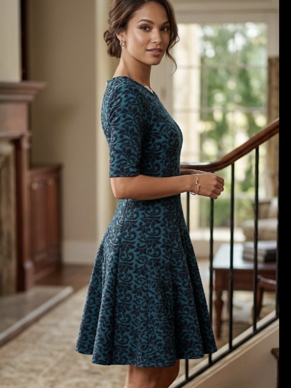 Danny & Nicole Teal Patterned Fit-and-Flare Midi Dress